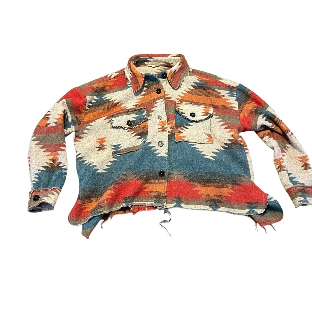 La Miel Jacket L Aztec Southwestern Western Frayed Hem Shacket‎ Shirt